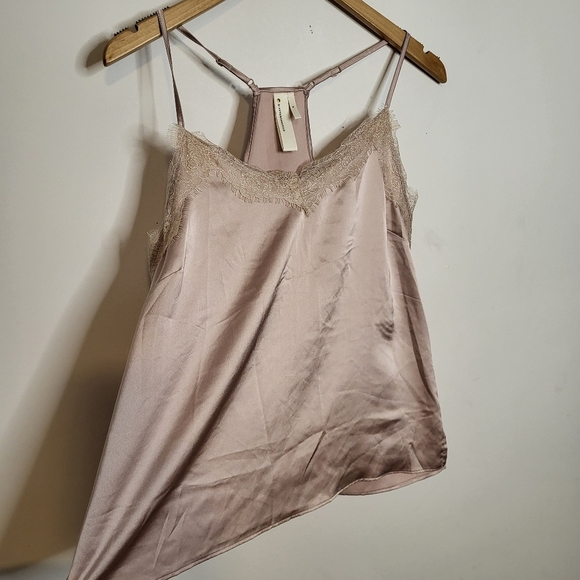 Anthropologie Tan Cami Sleeveless V-Neck Lace Trim Satin Top Size S - Picture 4 of 7
